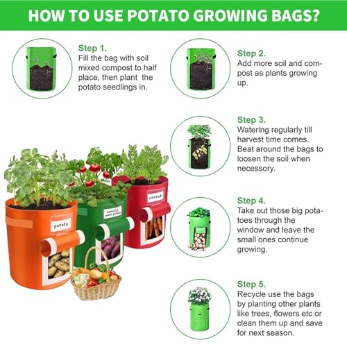 3 Pack 10 Gallon Potato Grow Bags with Handles & Harvest Window - Planting Bags for Potato,Tomat o,Vegetables,Garden Pots,Orange,Green,Red