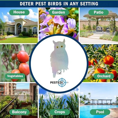 PESTEZE USA Owl Bird Repellent Holographic Decoy with 2 Bells [9 x 15 inch] to Deter Woodpeckers, Pigeons, Crows, Ducks, Geese & Critters Using Reflective Scare Patterns for Humane Property Protection