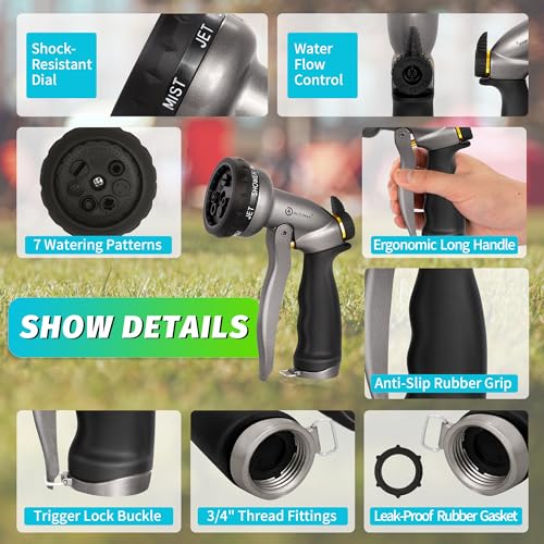AUTOMAN Garden Hose Nozzle - 7 Patterns Sprayer, 100% Metal High Pressure Spray Nozzle, Labor-Saving Design, Heavy Duty Water Hose Nozzle for Garden Watering, Car Washing, Window Cleaning,Pets Bathing - color: Metalic Silver