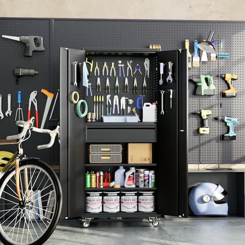 Aobabo 71" H Metal Storage Cabinet with Wheels with 5 Pegboards and 1 Drawer,Lockable Steel Tool Cabinet for Garage,Warehouse,Assembly Required,Black - color: Black, size: 15"D x 30"W x 71"H-1 Drawer