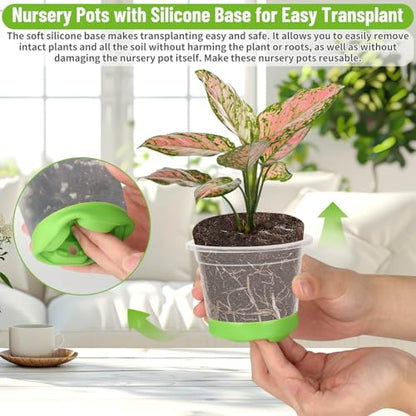 Caffox 57PCS Reusable Seed Starter Kit Includes 26 Packs 4" Clear Nursery Pots with Silicone Base, Repotting Mat, Gardening Gloves, Plant Labels and Seedling Tools for Easy Transplant - size: 4 Inch Clear Nursery Pots