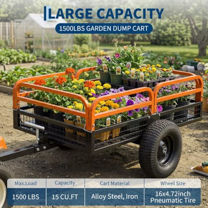 1500-Lb Capacity Heavy-Duty Steel Dump Cart with Removable Rear Panel - color: Orange