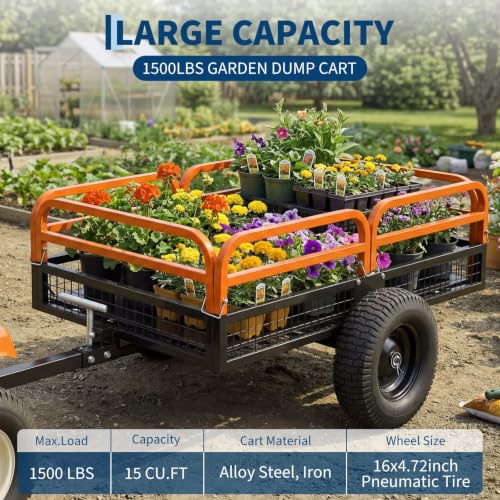 1500 Lbs ATV UTV Dump Trailer, 15 Cu.ft Garden Utility Trailer - color: Orange