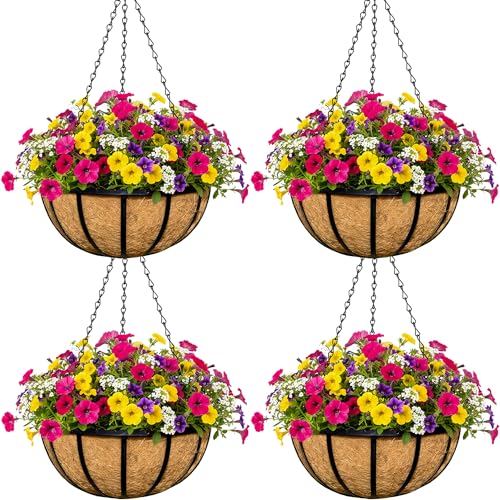 4pcs 14 inch Metal Hanging Baskets Round Wire Plant Stand with Coco Lining Cushion Decorative Planter Hanger Garden Indoor Outdoor Watering Hanging Basket （BT） - color: Bt, size: 14inch