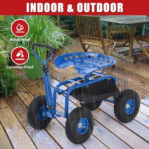 Rolling Garden Cart with Seat, Garden Workseat with 360-Degree Swivel - color: Blue
