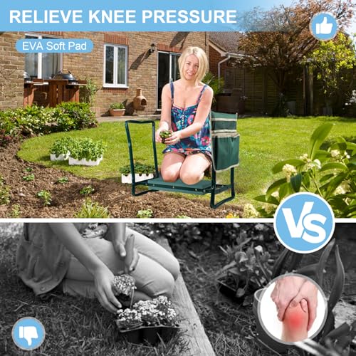 Garden Kneeler and Seat, Foldable Kneeling Stool with Tool Bag Pouch EVA Foam Pad Outdoor Practical Garden Tools for Kneeling and Sitting Sturdy and Lightweight,Green