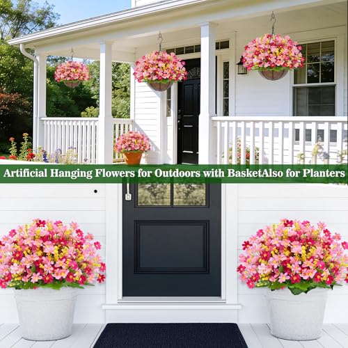 Artificial Hanging Flowers Basket for Outdoor Spring Summer Decor, Faux Silk Fuchsia Pink Daisy Flowers in Hanging Planter,UV Resistant Fake Flower Look Real for Home Patio Balcony Yard Decor - color: Daisy Pink Mix