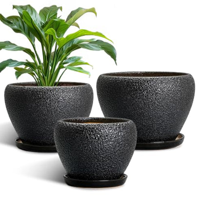 10+8+6 Inch Ceramic Planter, Ceramic Plant Pots, Relief Black - color: Relief Black