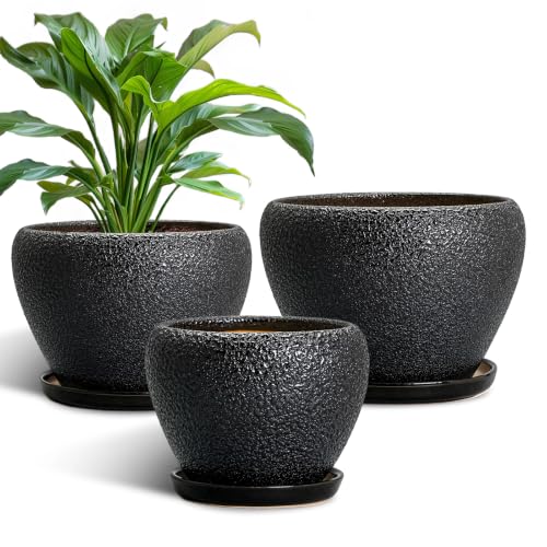 10+8+6 Inch Ceramic Planter, Ceramic Plant Pots, Relief Black - color: Relief Black