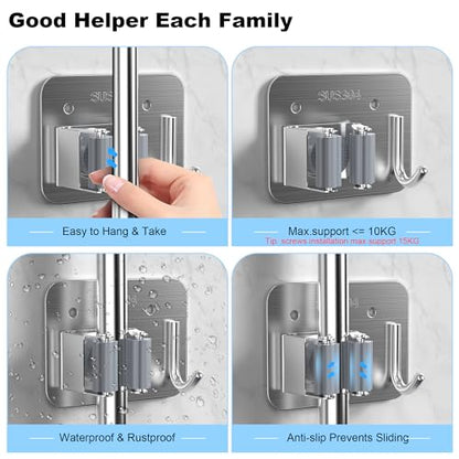 4 Pack Stainless Steel Mop and Broom Holder Wall Mount with Hook, Silver - color: A-Silver, size: 4PCS Gripper