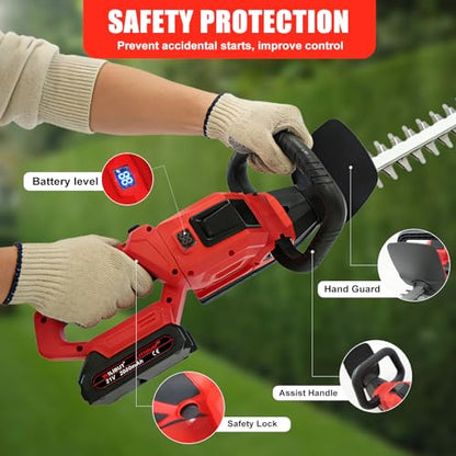 22" Cordless Hedge Trimmer, Electric Bush Trimmer with 2 Pack Battery - color: Red