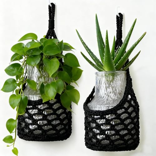 Macrame Wall Plant Hanger, Hanging Planter Basket Holder, Wall Planters for Indoor Plants, for Up to 6 Inch Pot (Black, 6-Inch) - color: Black, size: Large – Fits Pot Bottom ≤6"