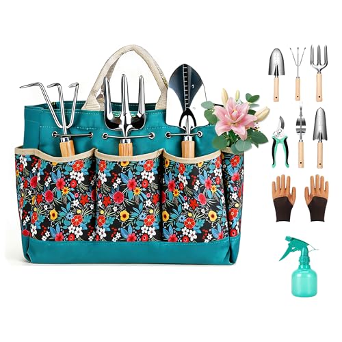 Garden Tool Set, 9 Pcs Heavy Duty Stainless Steel Gardening Hand Tool, Black Garden Tool Bag Kit, Gardening Supplies Gifts for Women Men Mom Dad Gardener Beginner - color: Turquoise