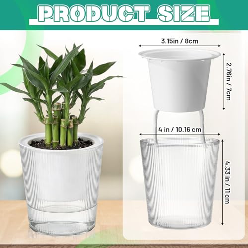 6 Pack Self Watering Pots for Indoor Plants Plastic Vertical Ribbed Semi Transparent Planters, Dual Layer Reservoir for Indoor Succulents Herbs Pothos(Clear, White,4 x 4.3 Inch) - color: Clear, White, size: 4.3 x 4 Inch