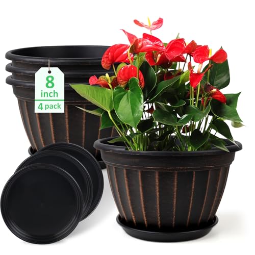 4 Pack Flower Pots,8 Inch Plants Pot,Planters Pot with Drainage Hole - color: Black, size: 8 inch-4 pack