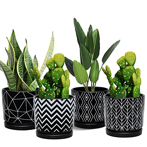 Flower Pots,5.5 Inch Black Ceramic Planters with Drainage Hole Set of 4 - color: Black