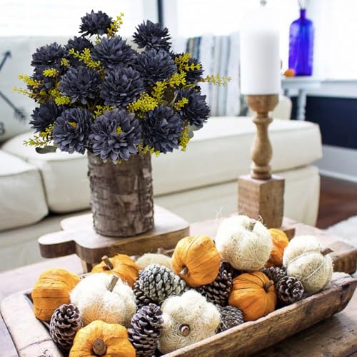 Fall Flowers Artificial Mums 2 Pcs 18 Heads Silk Chrysanthemums Fake Mums Faux Floral Bouquet Arrangements for Home Decor Indoor Outdoors Planter Pots Porch Wedding Autumn Decoration (Dark blue) - color: Dark Blue