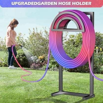 OLV Hose Holder Holds 150-ft Water Pipe, Outdoor Freestanding Heavy Duty Water Hose Holder Reel with 4 Spikes, Detachable Metal Hose Storage Stand Hanger Rack for Outside Yard Lawn Farm, Black - color: Black