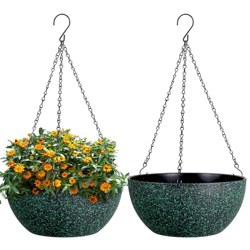 WSMKSZ 13inch Large Hanging Planters Pots for Outdoor Indoor Plants with Drainage Holes and Chain, 2pack Round Hanging Flower Pots for Garden Home Porch Decor, Black with Green Speckles - color: Black With Green Speckles, size: 13inch 2pcs
