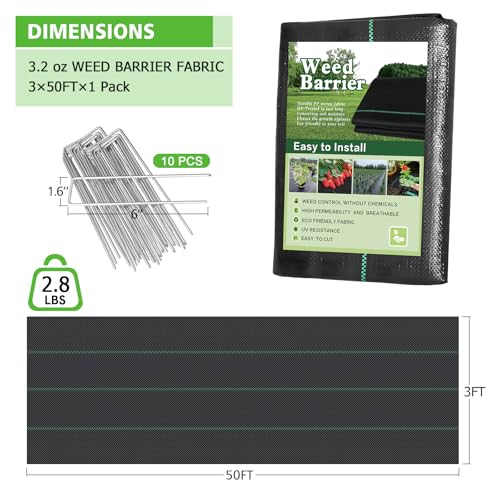 3x50FT Weed Barrier Landscape Fabric, 3.2oz Heavy Duty Garden Cloth, Ground Cover for Gardening, Come with 10 U-Shaped Securing Pegs - size: 3FTx50FT