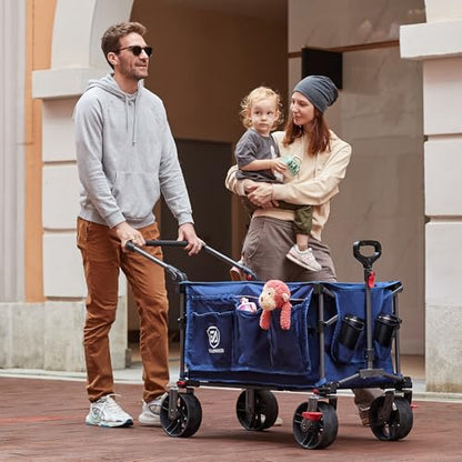EVER ADVANCED Folding Push Wagon with Brakes, Portable Shopping Cart - color: Blue