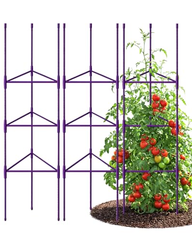 Growsun 51 inch Tomato Cage Heavy-Duty Plant Support Cucumber & Vine Vegetables – Adjustable Purple Metal Garden Trellis for Climbing Plants, Indoor & Outdoor Use, 3 Pack - color: Purple