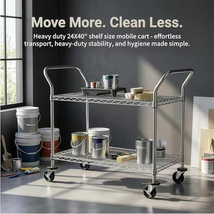 Finnhomy 2 Tier Commercial Grade Rolling Cart, Heavy Duty Utility Cart, Carts with Wheels and Handles, Kitchen Carts on Wheels, Metal Cart with 600 lbs Capacity, Shelf Size 23.6"Dx47.2"W x 39.4"H, NSF - size: 24"D x 48"W x 39.3"H