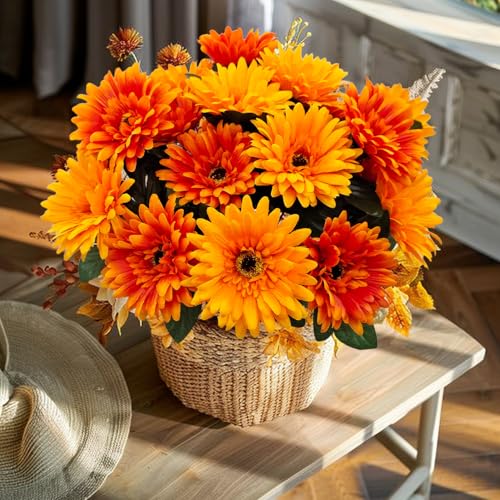2 Bundles 16 Heads Large Artificial Mums Fake Fall Flowers for Outdoors - color: Orange Yellow