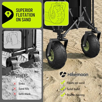 HIKEMOON 400L Large Beach Collapsible Wagon with Balloon Wheels, Black - color: Black-b