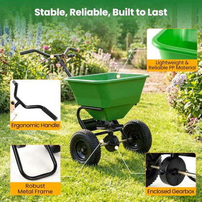 66LBS Walk-Behind Broadcast Spreader with 13" All-Terrain Pneumatic Tires, 6.5FT Spreading Width & Adjustable Flow Control, Push Fertilizer Spreader for Grass Seed, Salt & Ice Melt (Green) - color: Green