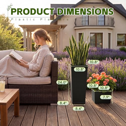 Devoko Resin 24'' Tall Planters, Large Taper Outdoor Planter - color: Black, size: 24" Set of 2