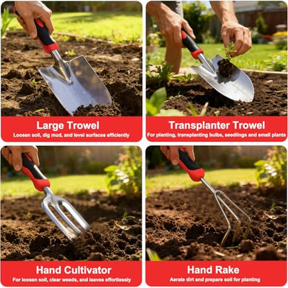 Yesker Gardening Tools 9-Piece Heavy Duty Garden Tool Set Gardening Supplies Gifts for Women Men Gardening Hand Tool Kit with Non-Slip Ergonomic Handle, Garden Bag, Durable Gloves, Pruning Shears, Red - size: 9PCS Black Red