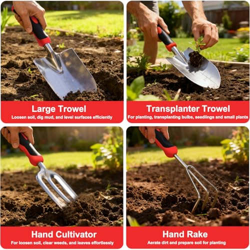 Yesker Gardening Tools 9-Piece Heavy Duty Garden Tool Set Gardening Supplies Gifts for Women Men Gardening Hand Tool Kit with Non-Slip Ergonomic Handle, Garden Bag, Durable Gloves, Pruning Shears, Red - size: 9PCS Black Red