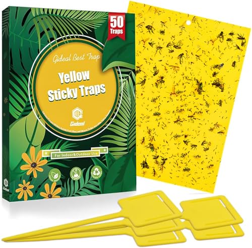Gideal 50-Pack Dual-Sided Yellow Sticky Traps for Flying Plant Insect Fungus Gnats Whiteflies Aphids Leafminers Thrips (6x8 Inches, Included 50pcs Twist Ties) - size: 50 Pack