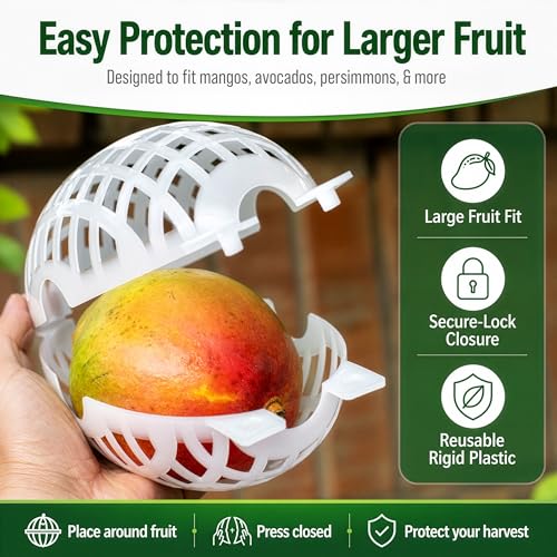 Fruit Protection Cages for Mangoes and More | 2026 Improved Secure-Lock Design | Large 5x8 inch | 24 Pack | Squirrel Resistant | Reusable Heavy-Duty Plastic | Made in USA - size: Large (5 x 8)