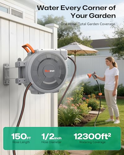 Retractable Garden Hose Reel 1/2"x150ft, 3-Ply Reinforced Heavy Duty Garden Hose Reel, Kink-Free Rewind and Lock at Any Length, Rust Prevention Metal Mount, 180° Swivel Bracket for Lawn & Gardening - color: 150 Ft X 1/2 Inch