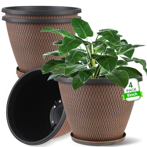 4 Pack 8 inch Plant Pot, Round Plastic Pots for Plants Indoor with Trays - color: Knit Pattern-black Copper, size: 8 Inch - 4Pack