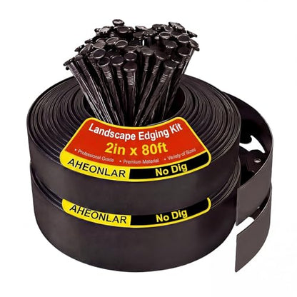 AHEONLAR Landscape Edging, 2" x 80' Garden Edging Border, Plastic Garden Edging with 90 Pcs Spikes, No Dig Landscape Edging Black Garden Border for Lawn, Yard and Flower Bed