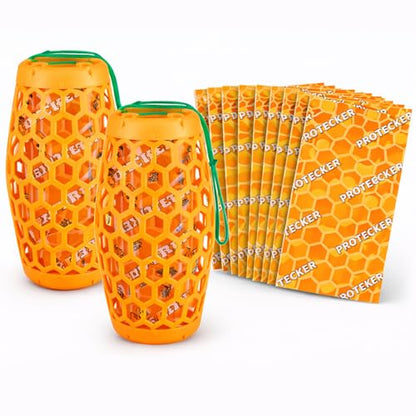Wasp Trap & Sticky Pads Bundle – 2 Pack Hanging Wasp Trap with 12 Refill Glue Boards for Outdoor Use (Orange)