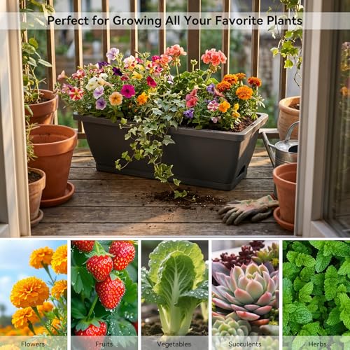 CADUKE 4 Pack Railing Planters, 16.9" Hanging Window Planters, Fence Flower Pots with Drainage Holes and Trays, Gray - color: Gray