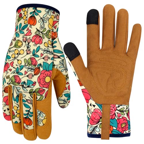 Leather Gardening Gloves for Women Thorn Proof Garden Gloves Touch Screen Working Gloves Gifts - color: Colors, size: Medium