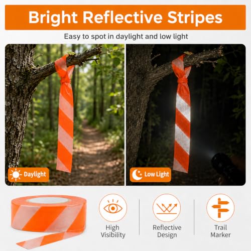 Notoke 2 Rolls Flagging Tape with Orange Silver Stripes, 1 inch x 300ft Non Adhesive PVC Marking Ribbon Surveyors Tape for Hunting Trail Boundaries Hazardous Areas Marking Halloween Party Decors