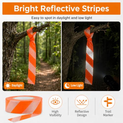 Notoke 2 Rolls Flagging Tape with Orange Silver Stripes, 1 inch x 300ft Non Adhesive PVC Marking Ribbon Surveyors Tape for Hunting Trail Boundaries Hazardous Areas Marking Halloween Party Decors