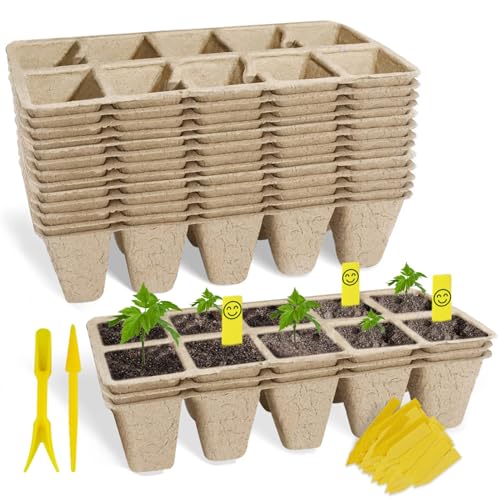 Seed Starter Tray 100 Cells, Biodegradable Peat Pots for Seedlings, 10 Pack 1.8" Square Pulp Nursery Cups with 100 Plant Labels and 2 Transplant Tools for Vegetable Herb