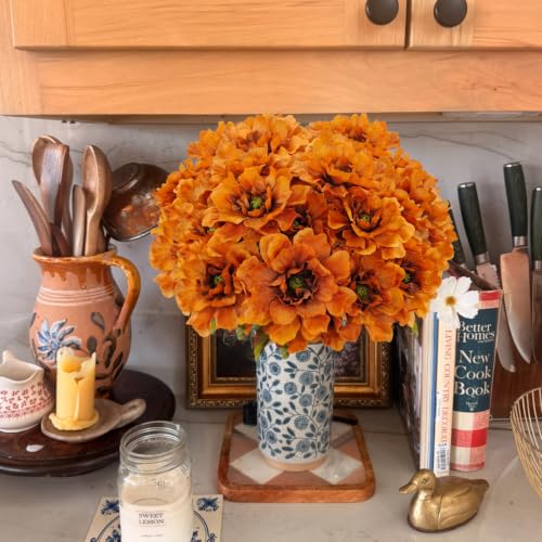 Fake Fall Flowers Artificial 4 Bundles Burnt Orange Mums for Vase - color: Brown Orange