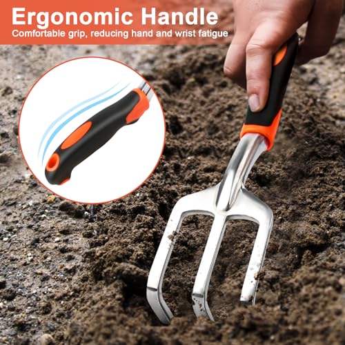 Hand Rake Garden Tool, Heavy Duty Hand Cultivators for Gardening + Garden Tools Set, 8 Piece Gardening Tools Set