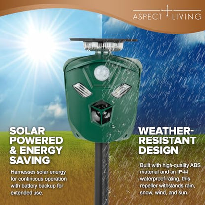 360° Ultrasonic Animal Repeller, Solar & USB, 3 PIR Sensors