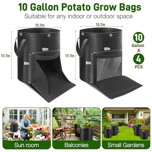 4 Pack Potato Grow Bags 10 Gallon with Harvest & Visible Window Thickened Garden Bags to Grow Vegetables with Handles & Metal Grommets for LST, Fabric Pots for Growing Carrots, Tomatoes, Onions