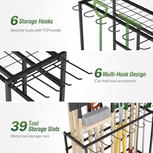 Garden Tool Organizer Rack with Wheels Up to 39 Tools, Heavy-Duty Steel Yard Tool Organizer for Garage Storage with 12 Hooks, Broom Holder & Garden Tool Rack for Shed, Patio, Outdoor Use, Black - style: Rack With Accessories