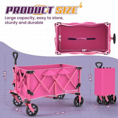 Wagons Carts Foldable,Collapsible Wagon with Wheels,450LBS Heavy Duty Beach Wagon Cart,Lightweight Portable Folding Utility Wagon Cart with Cup Holders for Camping, Garden, Sports, Grocery pcs (Pink) - color: Pink